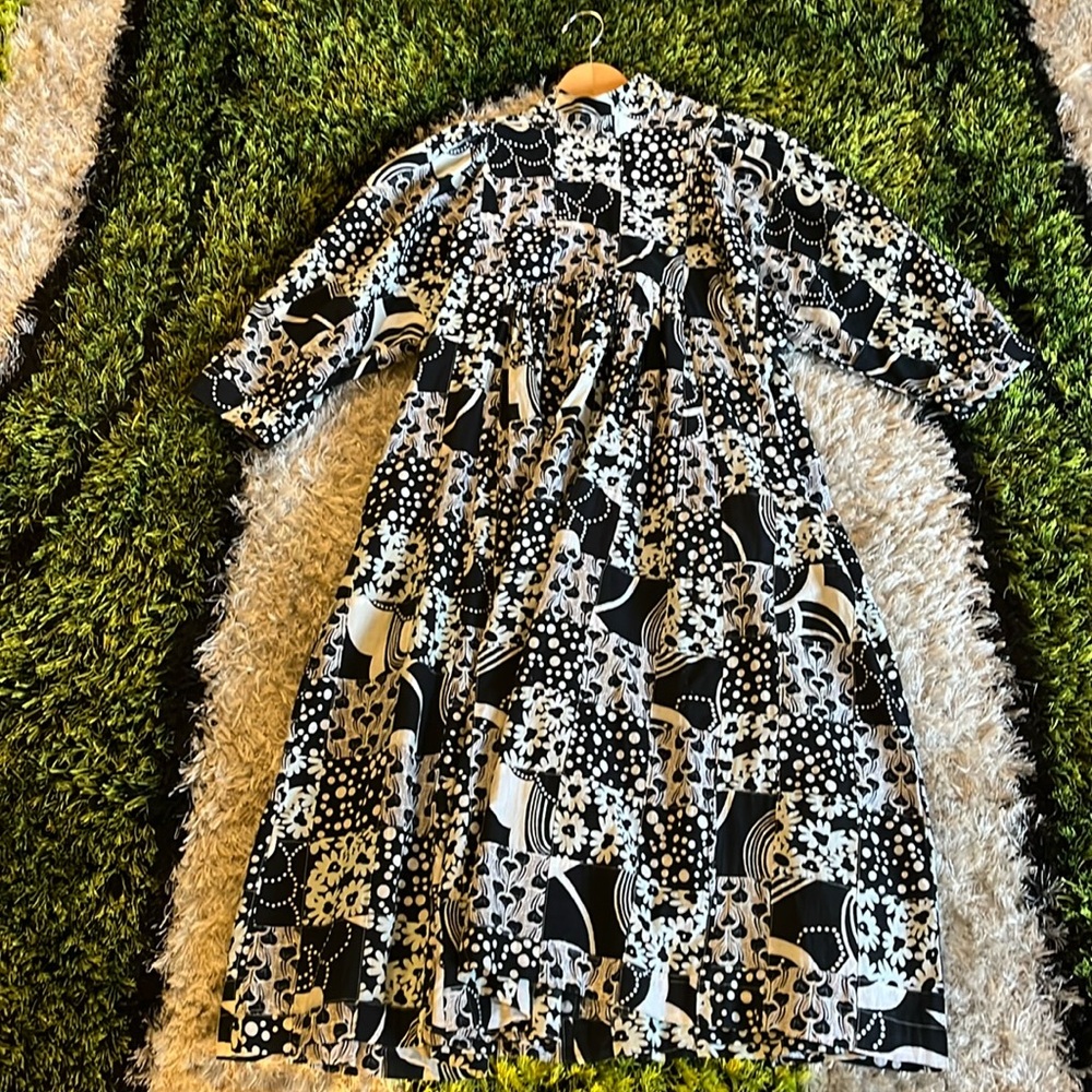 Batsheva Black and White Floral Patchwork Maxi Dress